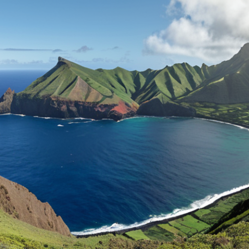 Home 4 **A panoramic view of Saint Helena Island, showcasing its remote location in the Atlantic Ocean. Include rugged coastlines, green hills, and the vast ocean.**