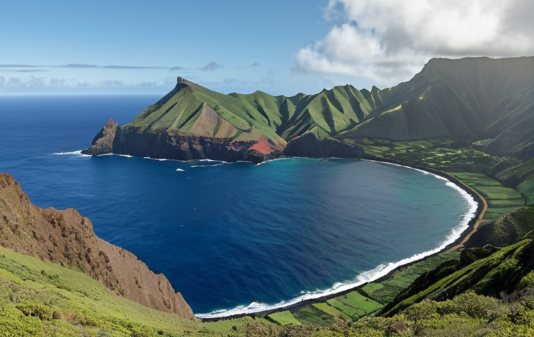 **A panoramic view of Saint Helena Island, showcasing its remote location in the Atlantic Ocean. Include rugged coastlines, green hills, and the vast ocean.**